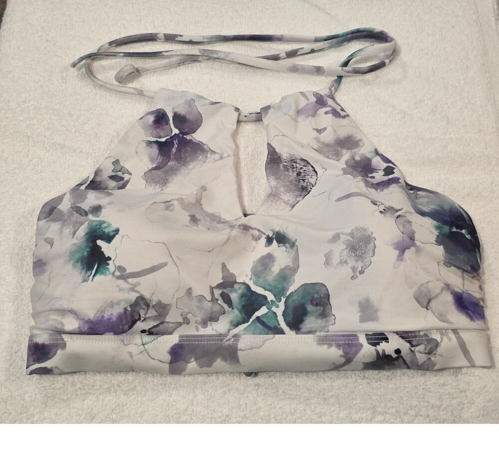 Athleta watercolor keyhole high neck halter bikini top - medium - white purple